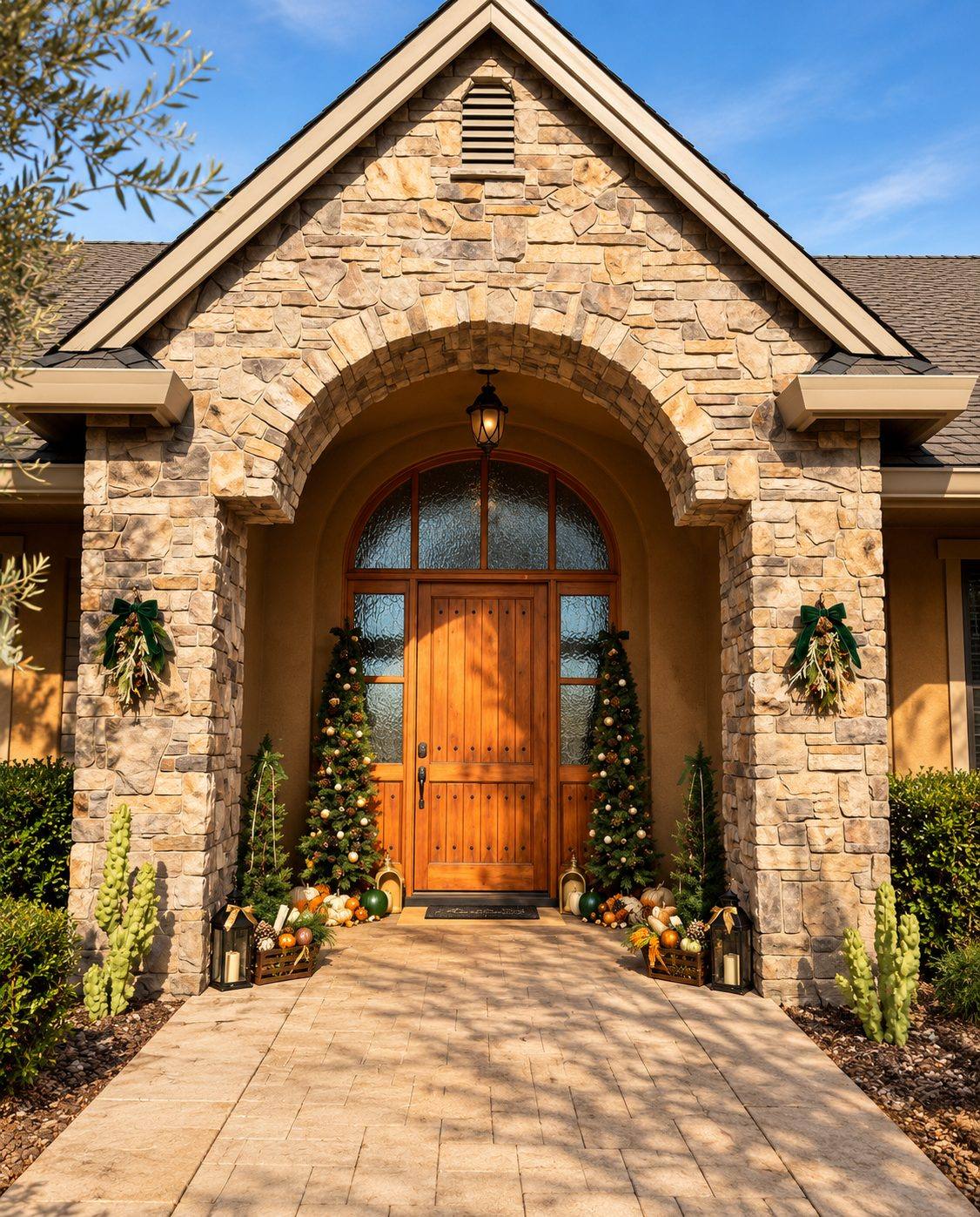 Christmas porch decor on a grand estate entry, after styling