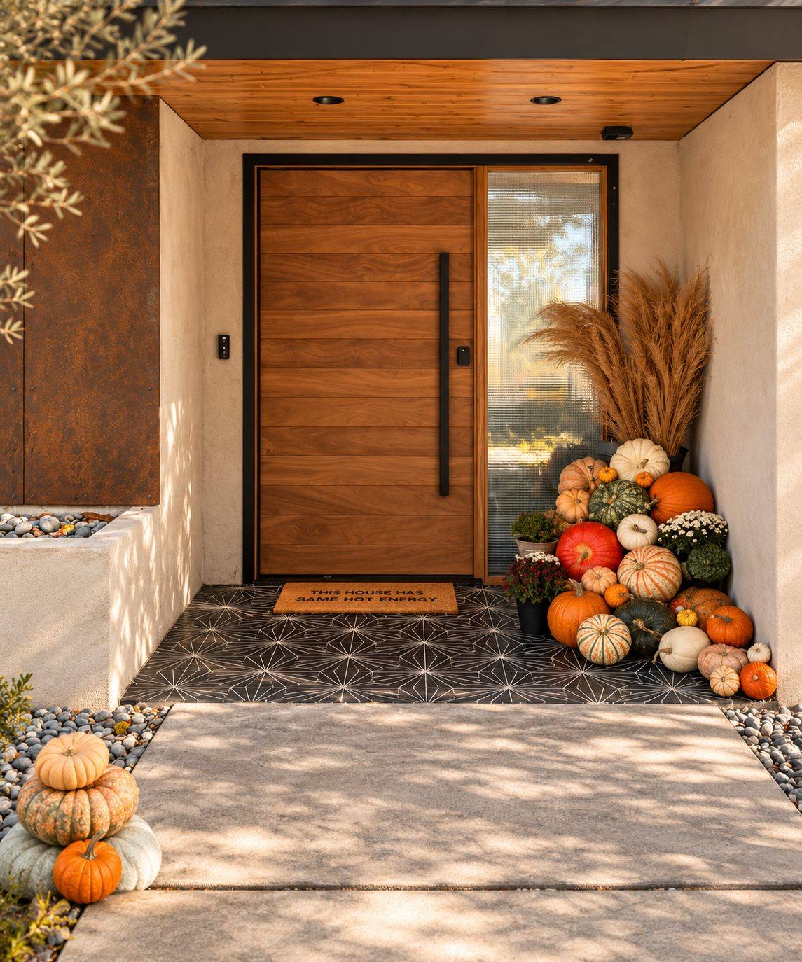 Modern fall front porch decor after styling by The Pampered Porch