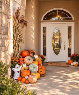Pampered Petite fall porch decor with pumpkins and mums