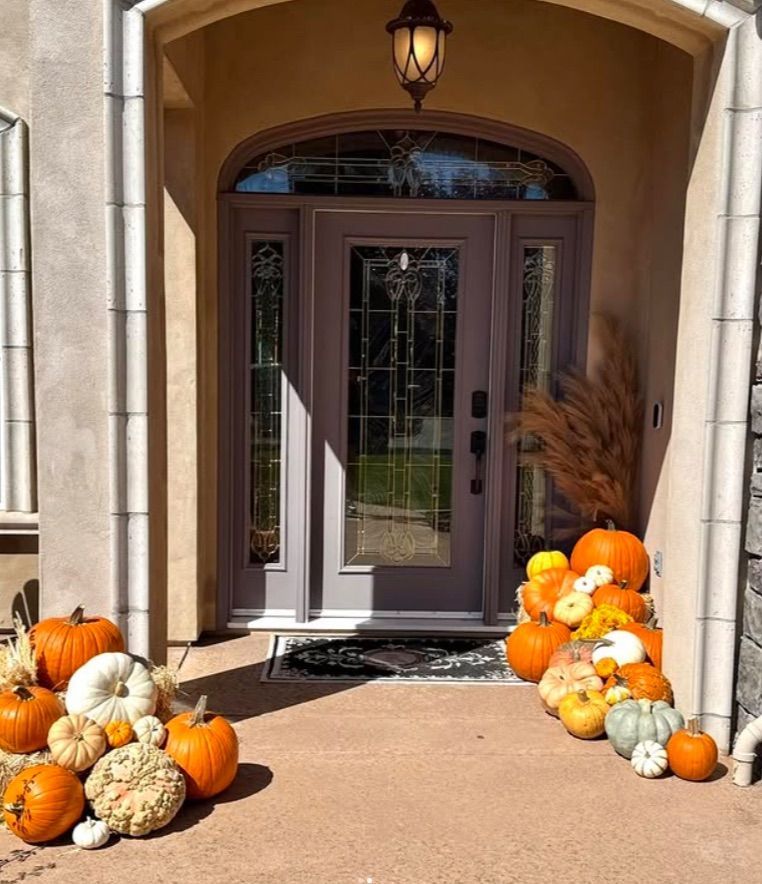 Halloween porch decor with heirloom pumpkin displays in Redding CA