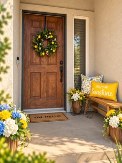 Spring front porch decor with soft florals and layered planters, styled by The Pampered Porch in Redding CA
