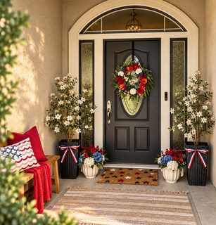 Summer front porch decor with a patriotic red, white and blue wreath and florals, styled by The Pampered Porch in Redding CA